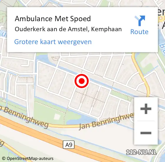 Locatie op kaart van de 112 melding: Ambulance Met Spoed Naar Ouderkerk aan de Amstel, Kemphaan op 23 september 2023 17:34