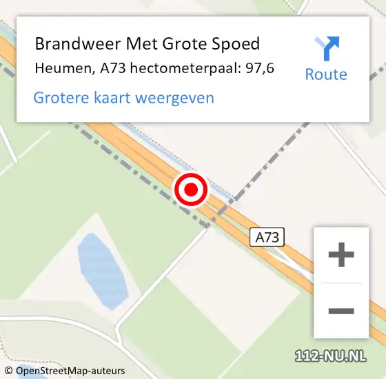 Locatie op kaart van de 112 melding: Brandweer Met Grote Spoed Naar Heumen, A73 hectometerpaal: 97,6 op 23 september 2023 18:07