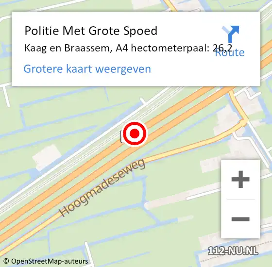 Locatie op kaart van de 112 melding: Politie Met Grote Spoed Naar Kaag en Braassem, A4 hectometerpaal: 26,2 op 23 september 2023 19:29