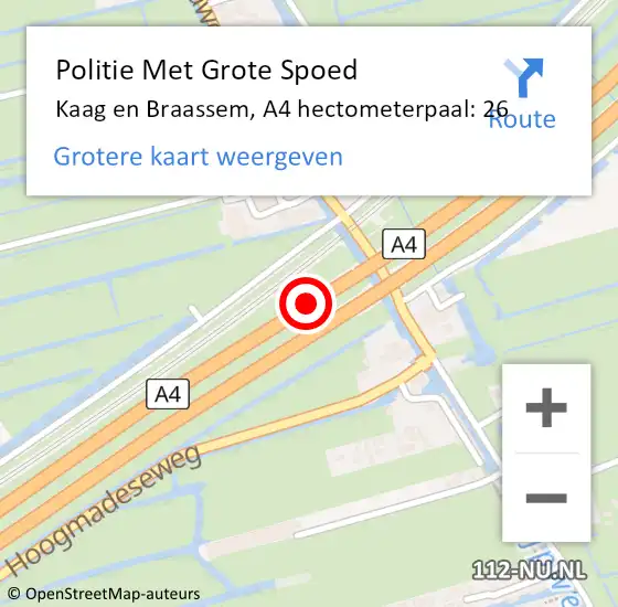 Locatie op kaart van de 112 melding: Politie Met Grote Spoed Naar Kaag en Braassem, A4 hectometerpaal: 26 op 23 september 2023 19:29