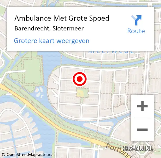 Locatie op kaart van de 112 melding: Ambulance Met Grote Spoed Naar Barendrecht, Slotermeer op 23 september 2023 19:44