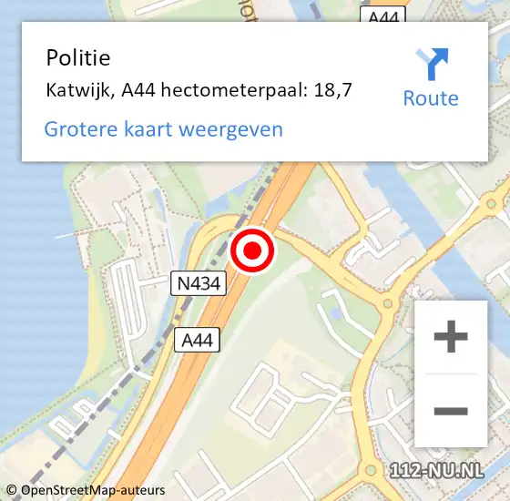 Locatie op kaart van de 112 melding: Politie Katwijk, A44 hectometerpaal: 18,7 op 24 september 2023 04:41