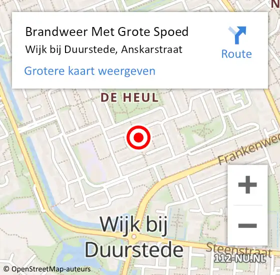 Locatie op kaart van de 112 melding: Brandweer Met Grote Spoed Naar Wijk bij Duurstede, Anskarstraat op 24 september 2023 14:06