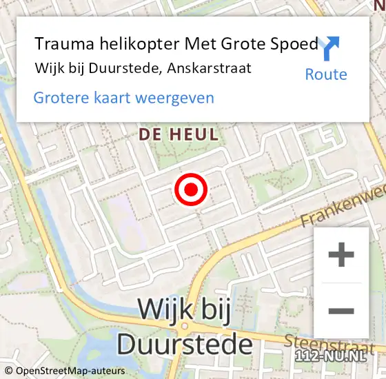 Locatie op kaart van de 112 melding: Trauma helikopter Met Grote Spoed Naar Wijk bij Duurstede, Anskarstraat op 24 september 2023 14:09