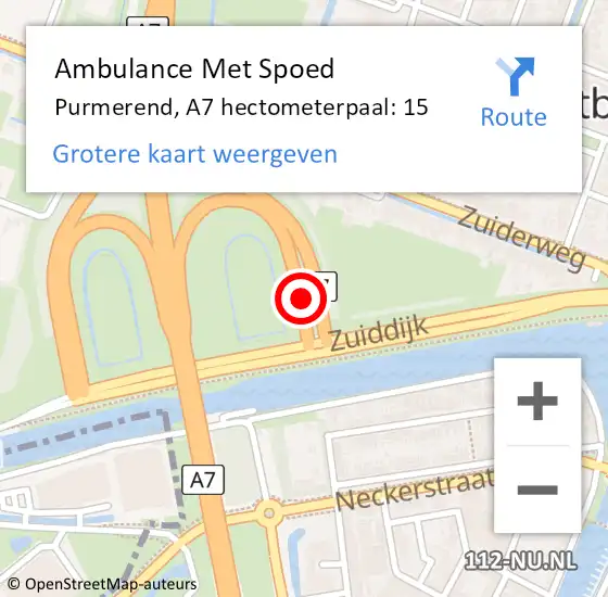 Locatie op kaart van de 112 melding: Ambulance Met Spoed Naar Purmerend, A7 hectometerpaal: 15 op 24 september 2023 15:13