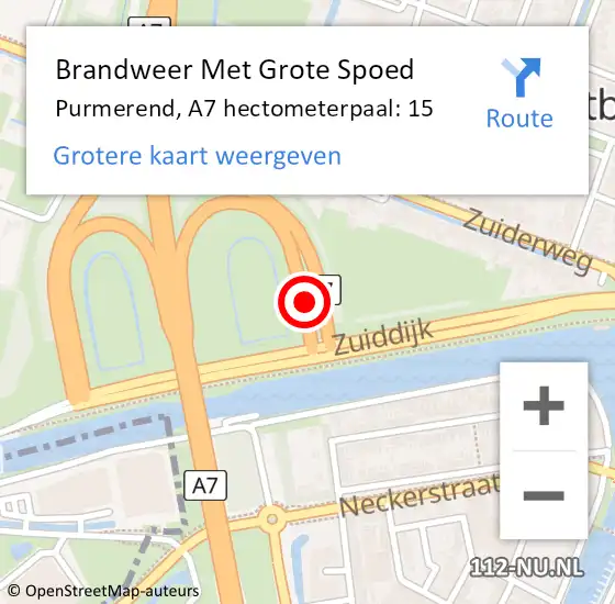 Locatie op kaart van de 112 melding: Brandweer Met Grote Spoed Naar Purmerend, A7 hectometerpaal: 15 op 24 september 2023 15:14