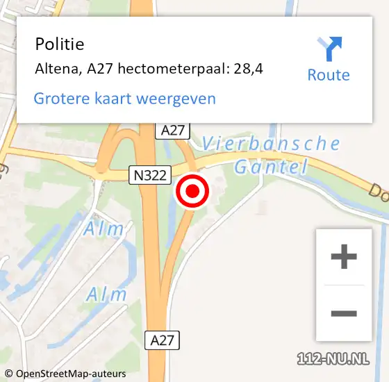Locatie op kaart van de 112 melding: Politie Altena, A27 hectometerpaal: 28,4 op 24 september 2023 15:15