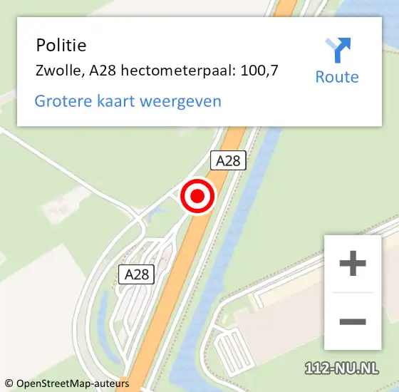 Locatie op kaart van de 112 melding: Politie Zwolle, A28 hectometerpaal: 100,7 op 24 september 2023 15:53