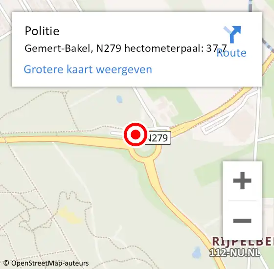 Locatie op kaart van de 112 melding: Politie Gemert-Bakel, N279 hectometerpaal: 37,7 op 24 september 2023 16:21