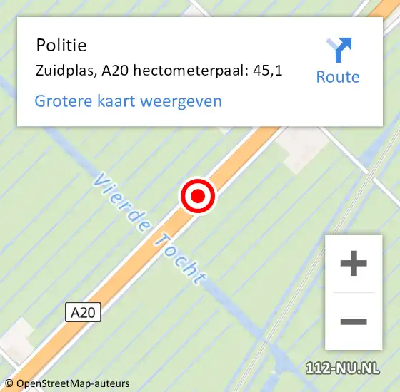 Locatie op kaart van de 112 melding: Politie Zuidplas, A20 hectometerpaal: 45,1 op 24 september 2023 17:34