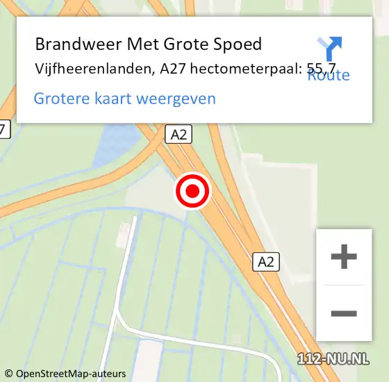 Locatie op kaart van de 112 melding: Brandweer Met Grote Spoed Naar Vijfheerenlanden, A27 hectometerpaal: 55,7 op 24 september 2023 20:19