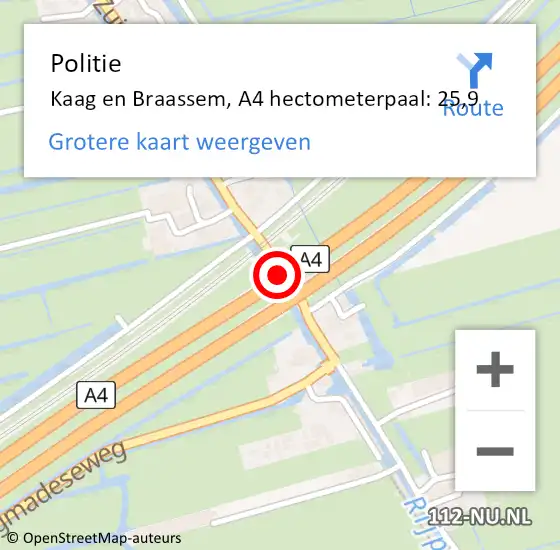 Locatie op kaart van de 112 melding: Politie Kaag en Braassem, A4 hectometerpaal: 25,9 op 24 september 2023 20:41