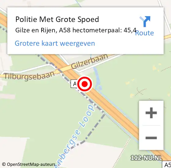 Locatie op kaart van de 112 melding: Politie Met Grote Spoed Naar Gilze en Rijen, A58 hectometerpaal: 45,4 op 24 september 2023 22:24