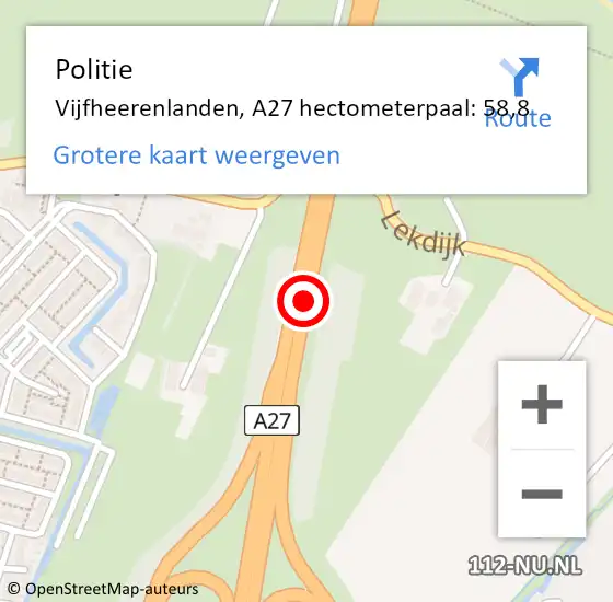 Locatie op kaart van de 112 melding: Politie Vijfheerenlanden, A27 hectometerpaal: 58,8 op 25 september 2023 07:03