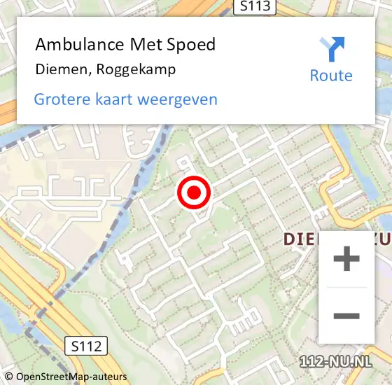 Locatie op kaart van de 112 melding: Ambulance Met Spoed Naar Diemen, Roggekamp op 25 september 2023 07:31