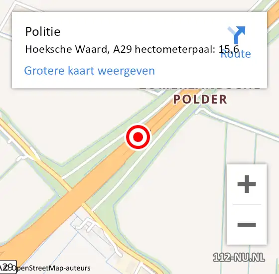 Locatie op kaart van de 112 melding: Politie Hoeksche Waard, A29 hectometerpaal: 15,6 op 25 september 2023 09:26