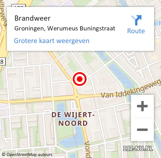 Locatie op kaart van de 112 melding: Brandweer Groningen, Werumeus Buningstraat op 25 september 2023 10:07