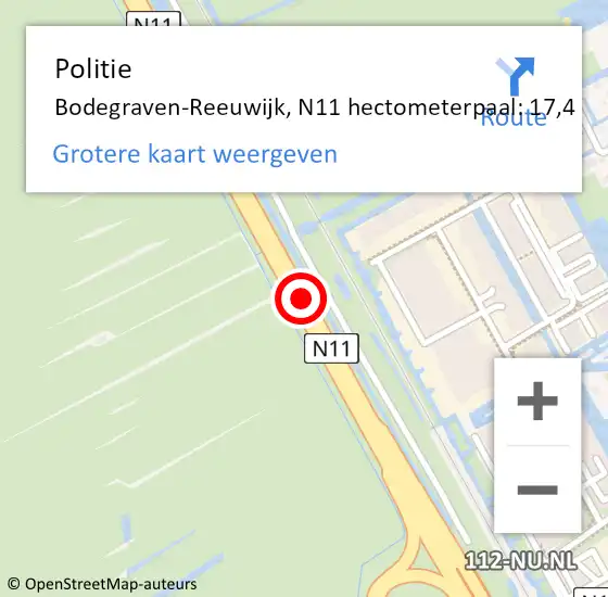 Locatie op kaart van de 112 melding: Politie Bodegraven-Reeuwijk, N11 hectometerpaal: 17,4 op 25 september 2023 11:11