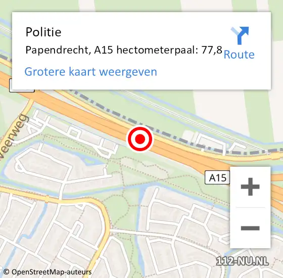 Locatie op kaart van de 112 melding: Politie Papendrecht, A15 hectometerpaal: 77,8 op 25 september 2023 11:11