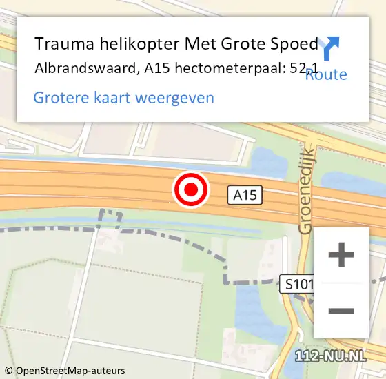 Locatie op kaart van de 112 melding: Trauma helikopter Met Grote Spoed Naar Albrandswaard, A15 hectometerpaal: 52,1 op 25 september 2023 14:10