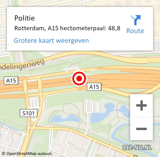 Locatie op kaart van de 112 melding: Politie Rotterdam, A15 hectometerpaal: 48,8 op 25 september 2023 15:33