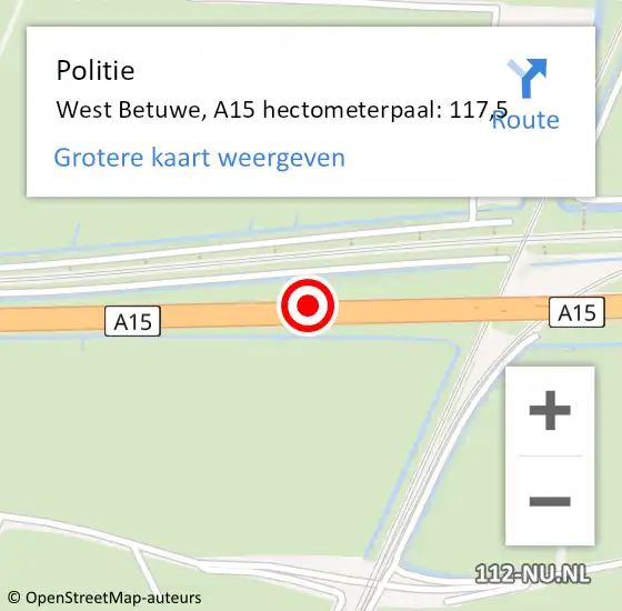 Locatie op kaart van de 112 melding: Politie West Betuwe, A15 hectometerpaal: 117,5 op 25 september 2023 16:17