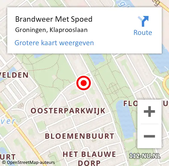 Locatie op kaart van de 112 melding: Brandweer Met Spoed Naar Groningen, Klaprooslaan op 25 september 2023 16:32