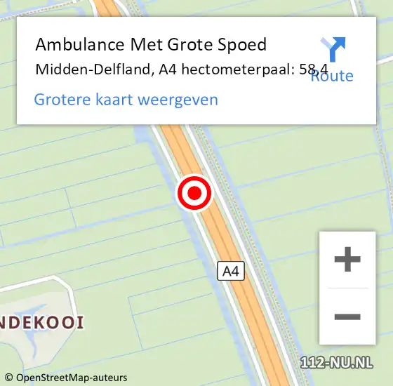 Locatie op kaart van de 112 melding: Ambulance Met Grote Spoed Naar Midden-Delfland, A4 hectometerpaal: 58,4 op 25 september 2023 17:06