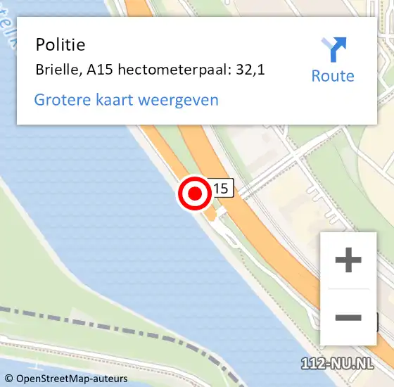 Locatie op kaart van de 112 melding: Politie Brielle, A15 hectometerpaal: 32,1 op 25 september 2023 21:46