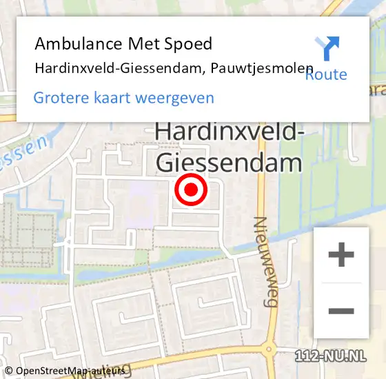 Locatie op kaart van de 112 melding: Ambulance Met Spoed Naar Hardinxveld-Giessendam, Pauwtjesmolen op 26 september 2023 00:58