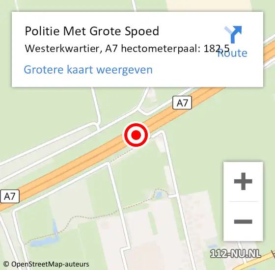 Locatie op kaart van de 112 melding: Politie Met Grote Spoed Naar Westerkwartier, A7 hectometerpaal: 182,5 op 26 september 2023 05:22