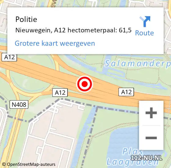 Locatie op kaart van de 112 melding: Politie Nieuwegein, A12 hectometerpaal: 61,5 op 26 september 2023 05:35