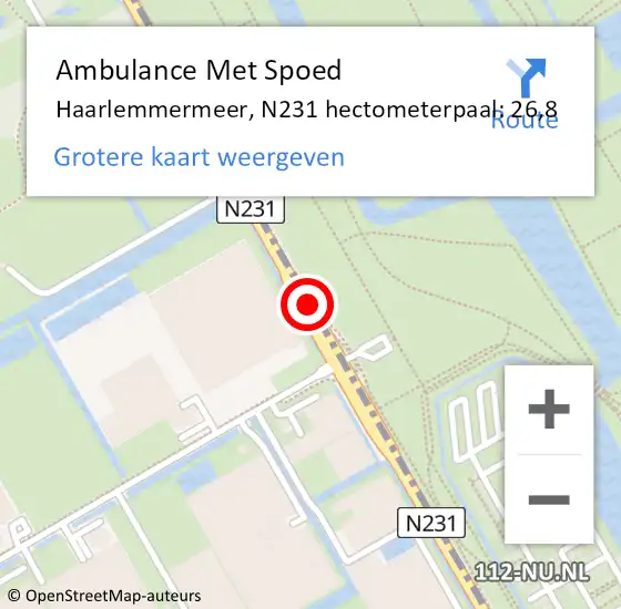 Locatie op kaart van de 112 melding: Ambulance Met Spoed Naar Haarlemmermeer, N231 hectometerpaal: 26,8 op 26 september 2023 06:39