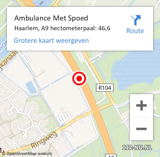 Locatie op kaart van de 112 melding: Ambulance Met Spoed Naar Haarlem, A9 hectometerpaal: 46,6 op 26 september 2023 07:14