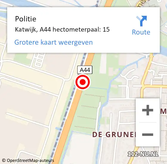 Locatie op kaart van de 112 melding: Politie Katwijk, A44 hectometerpaal: 15 op 26 september 2023 07:18