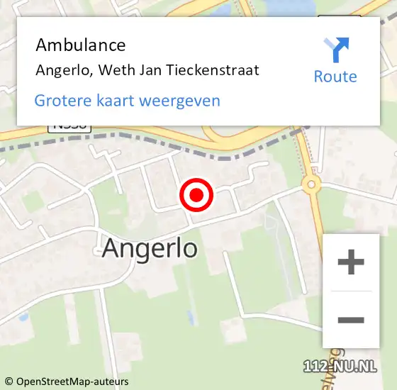 Locatie op kaart van de 112 melding: Ambulance Angerlo, Weth Jan Tieckenstraat op 9 september 2014 13:28