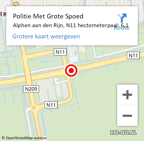 Locatie op kaart van de 112 melding: Politie Met Grote Spoed Naar Alphen aan den Rijn, N11 hectometerpaal: 6,1 op 26 september 2023 08:51