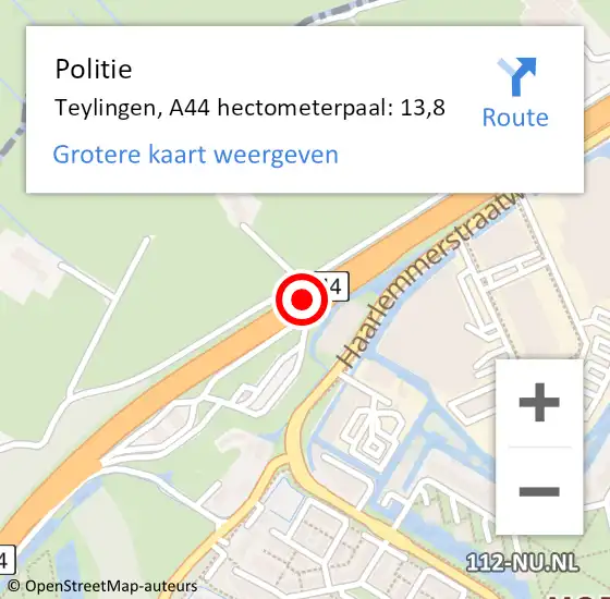 Locatie op kaart van de 112 melding: Politie Teylingen, A44 hectometerpaal: 13,8 op 26 september 2023 08:54