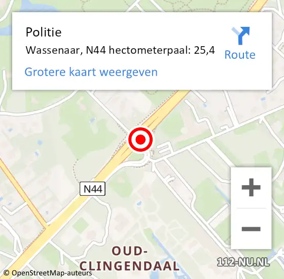 Locatie op kaart van de 112 melding: Politie Wassenaar, N44 hectometerpaal: 25,4 op 26 september 2023 11:14