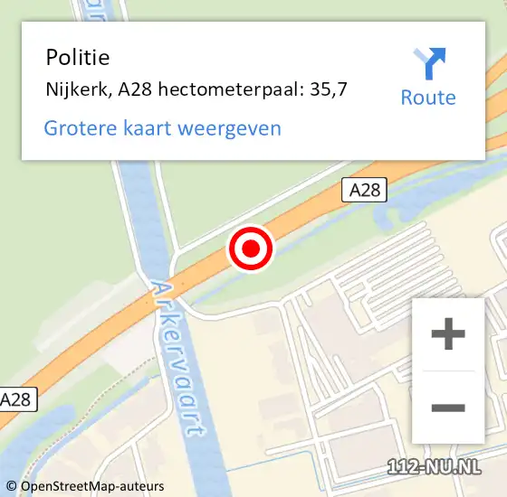 Locatie op kaart van de 112 melding: Politie Nijkerk, A28 hectometerpaal: 35,7 op 26 september 2023 12:13