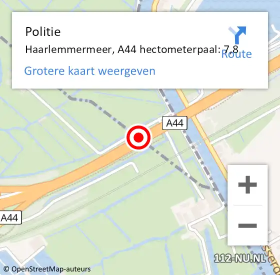 Locatie op kaart van de 112 melding: Politie Haarlemmermeer, A44 hectometerpaal: 7,8 op 26 september 2023 12:57