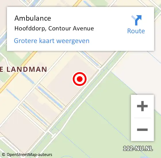 Locatie op kaart van de 112 melding: Ambulance Hoofddorp, Contour Avenue op 26 september 2023 12:59