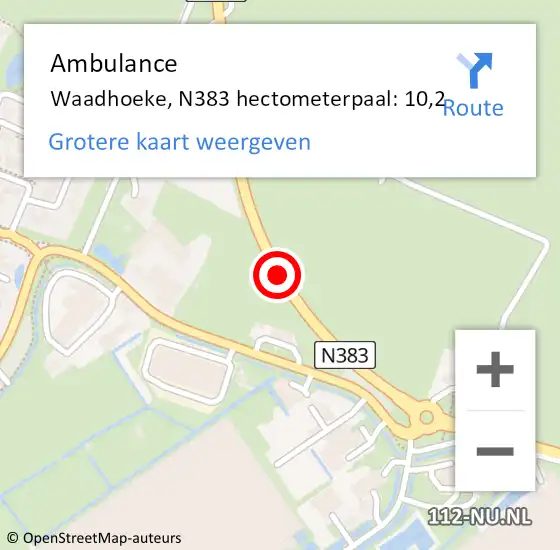 Locatie op kaart van de 112 melding: Ambulance Waadhoeke, N383 hectometerpaal: 10,2 op 26 september 2023 15:00