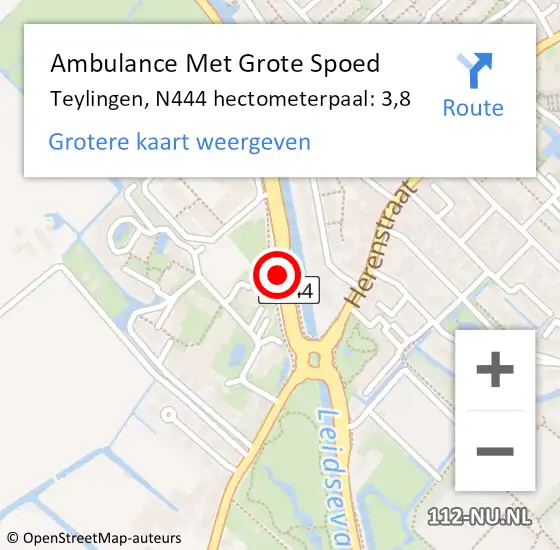 Locatie op kaart van de 112 melding: Ambulance Met Grote Spoed Naar Teylingen, N444 hectometerpaal: 3,8 op 26 september 2023 15:26