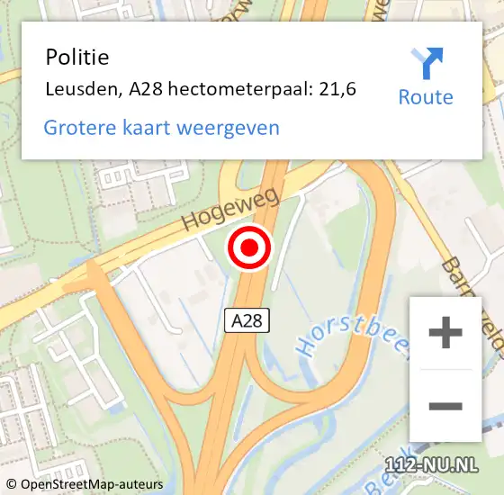 Locatie op kaart van de 112 melding: Politie Leusden, A28 hectometerpaal: 21,6 op 26 september 2023 16:01