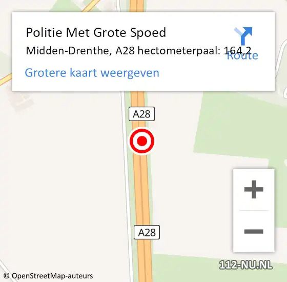 Locatie op kaart van de 112 melding: Politie Met Grote Spoed Naar Midden-Drenthe, A28 hectometerpaal: 164,2 op 26 september 2023 19:09