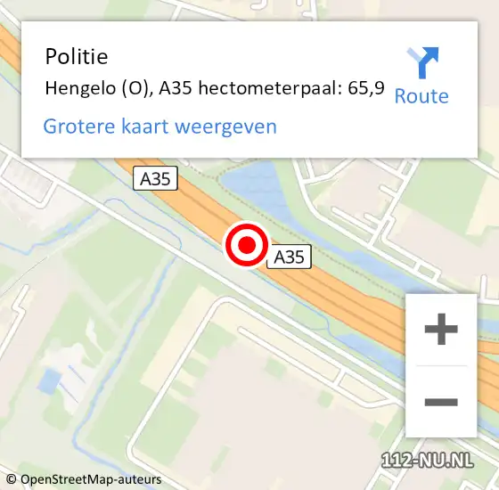 Locatie op kaart van de 112 melding: Politie Hengelo (O), A35 hectometerpaal: 65,9 op 26 september 2023 20:12