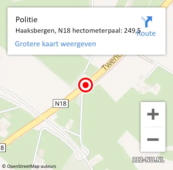 Locatie op kaart van de 112 melding: Politie Haaksbergen, N18 hectometerpaal: 249,5 op 27 september 2023 01:52