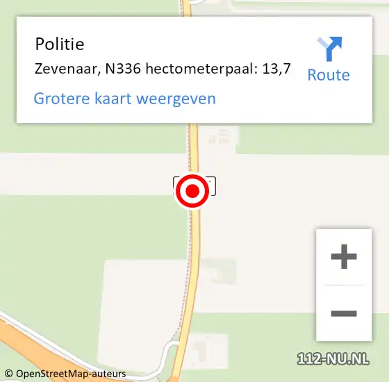 Locatie op kaart van de 112 melding: Politie Zevenaar, N336 hectometerpaal: 13,7 op 27 september 2023 07:43