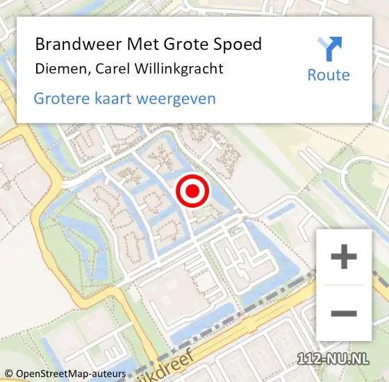 Locatie op kaart van de 112 melding: Brandweer Met Grote Spoed Naar Diemen, Carel Willinkgracht op 27 september 2023 07:47